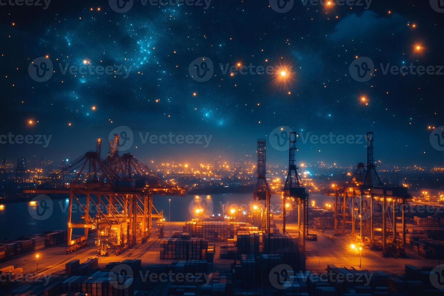 Industrial port working at night under starry sky with cranes and containers photo