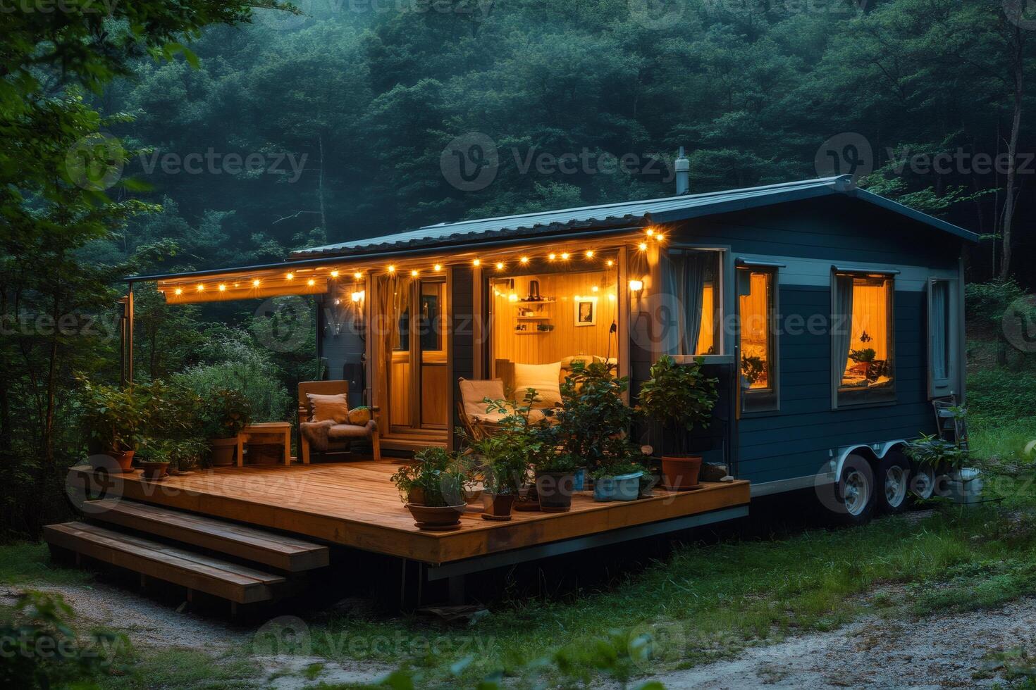 Cozy tiny house illuminating the woods at dusk, showcasing sustainable living photo