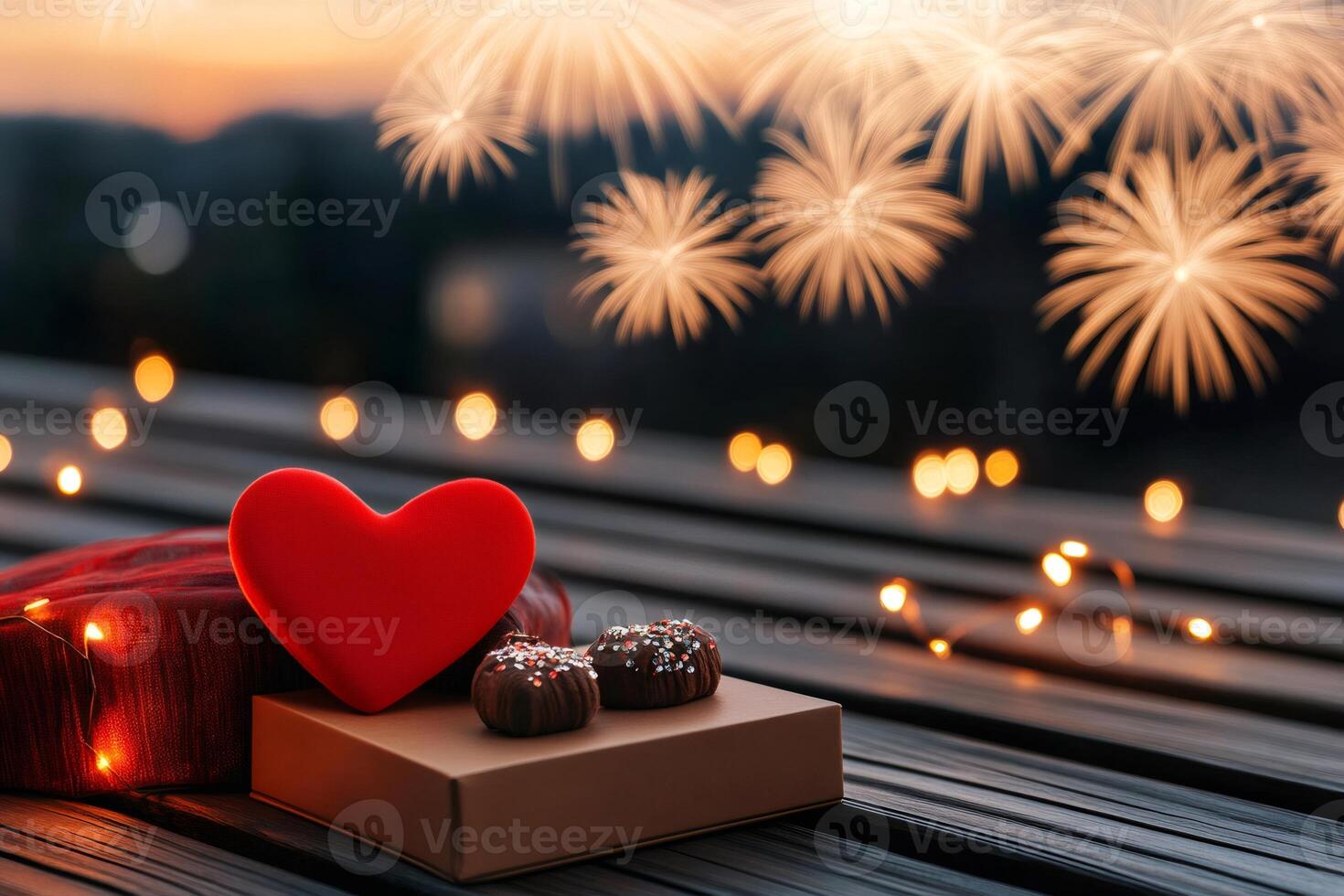 Chocolate, red heart and fireworks exploding during romantic evening photo