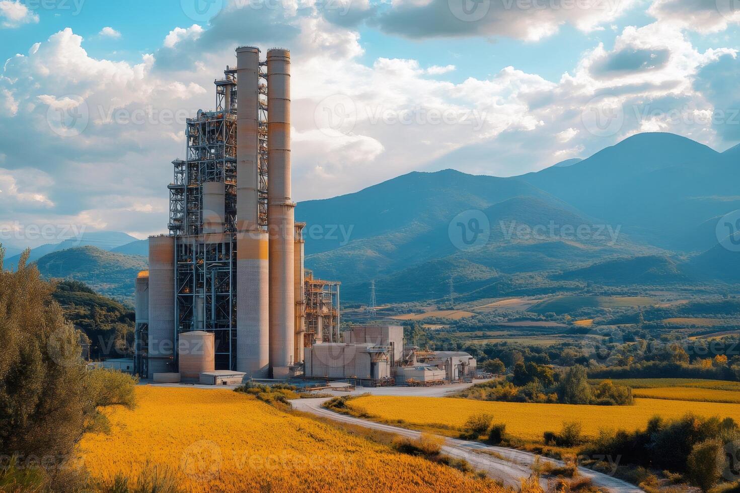 Cement factory polluting the environment with mountains in the background photo