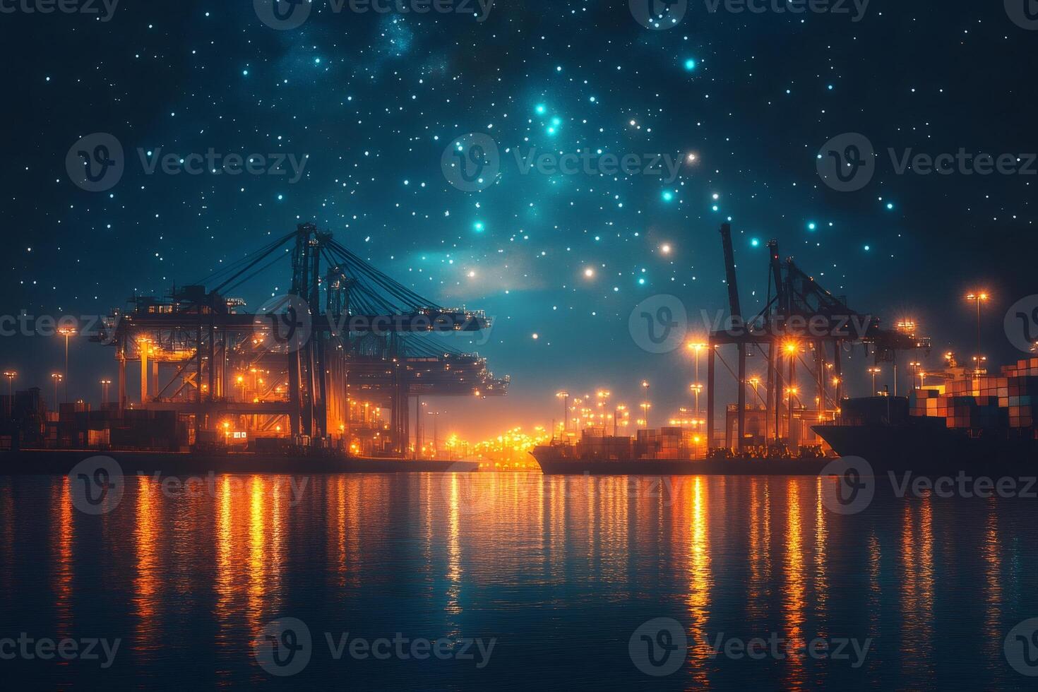 Industrial port with cargo cranes and container ship at night under starry sky photo