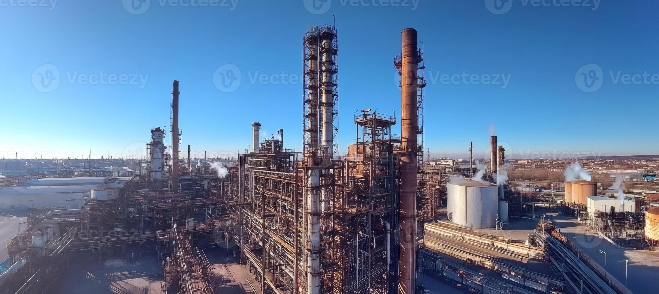 Industrial Refinery with Tall Metal Structures Under Clear Sky photo