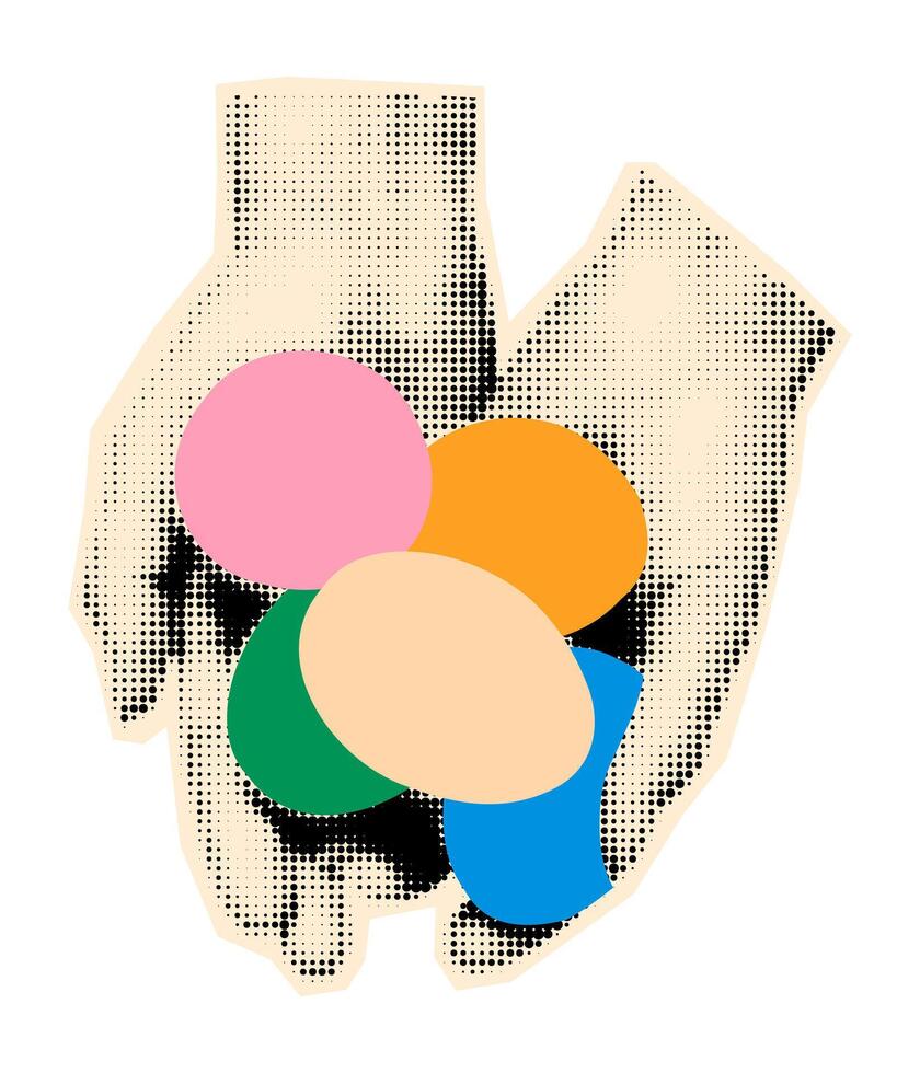 Easter modern retro halftone art collage element. Cut out of magazine paper clipping shape of hands holding Easter colored eggs. Trendy mixed media illustration on transparent background vector