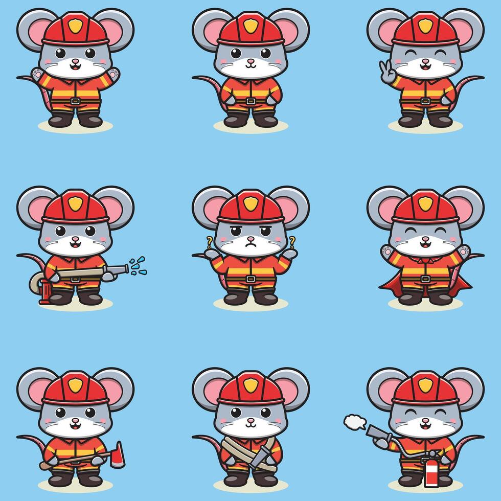 Illustration of Mouse cartoon with Firefighter costume. Set of cute Mouse characters. vector