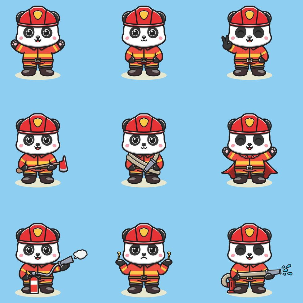 Illustration of Panda cartoon with Firefighter costume. Set of cute Panda characters. vector