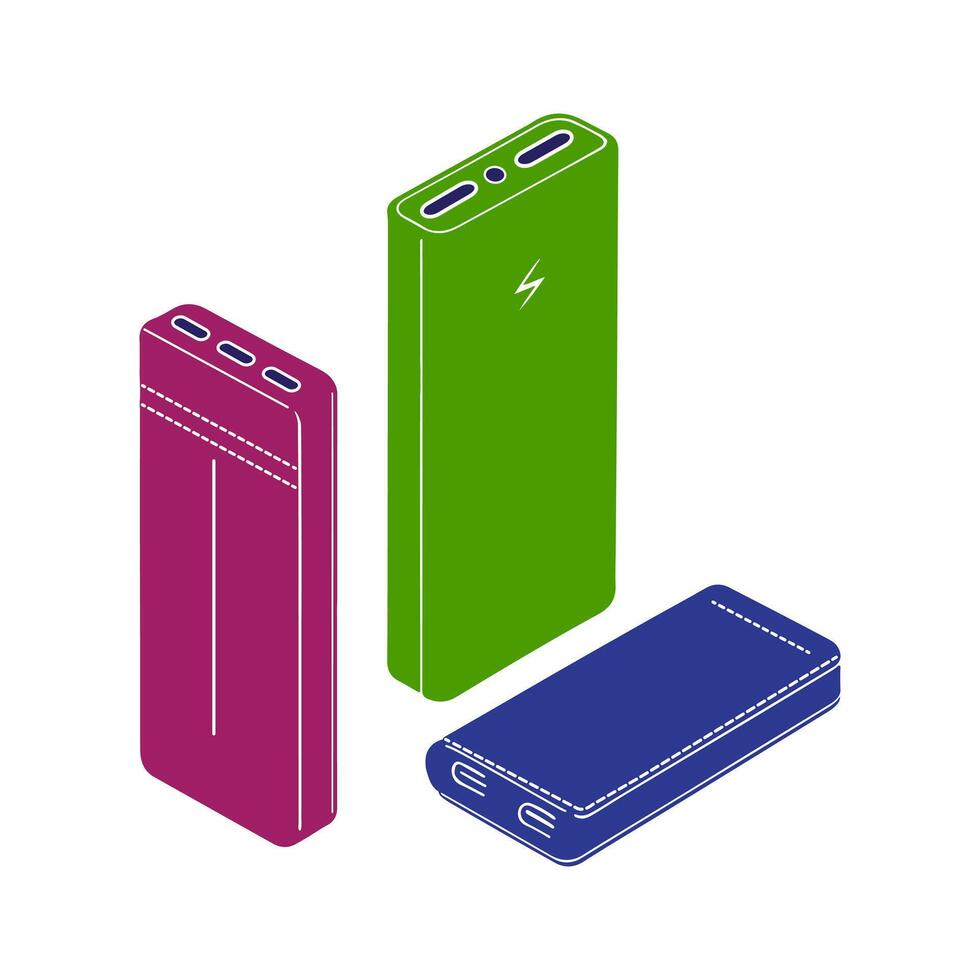 Three different colored power banks on a white background vector