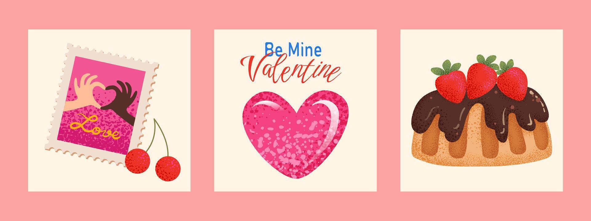 Valentines Day card set. Postage stamp, heart, strawberry cake with chocolate for website banner, Sale, Valentine card, cover, flyer or celebration poster for Social Media. Trendy illustration. vector