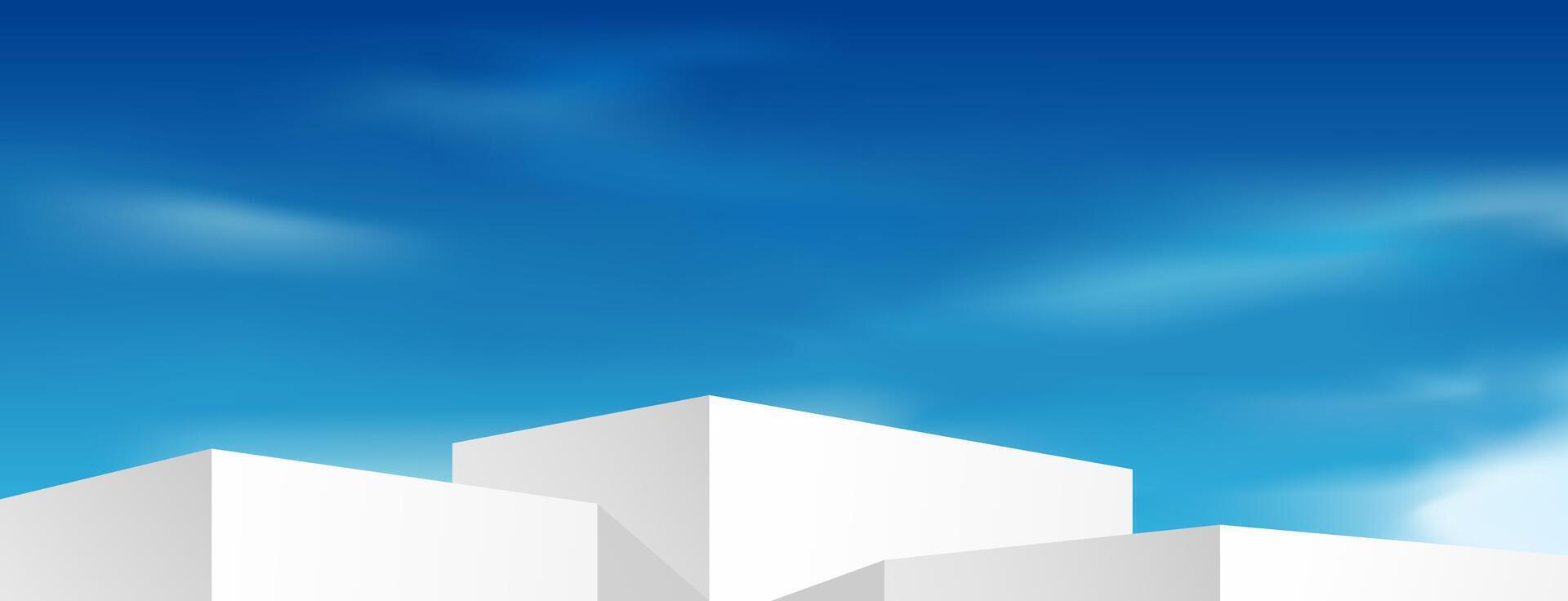 Blue sky background with three steps podium for product showcase. Minimalist horizontal scene with podium for product presentation, banner, website. Sky, clouds, and white platform on backdrop. vector