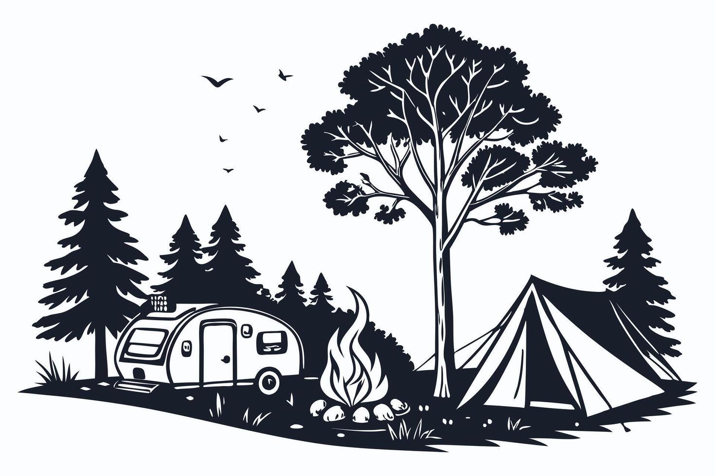 Campsite with bonfire Black color line art vector