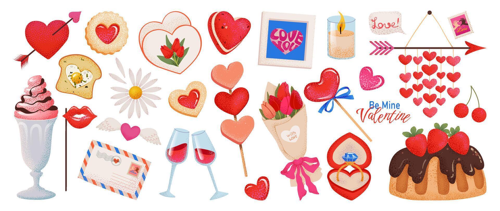 Cute valentines day elements set. Cartoon love sticker pack with hearts, flowers, sweets for planner, diary, greeting card, romantic gift, packaging decor, scrapbooking. Hand-drawn illustration vector
