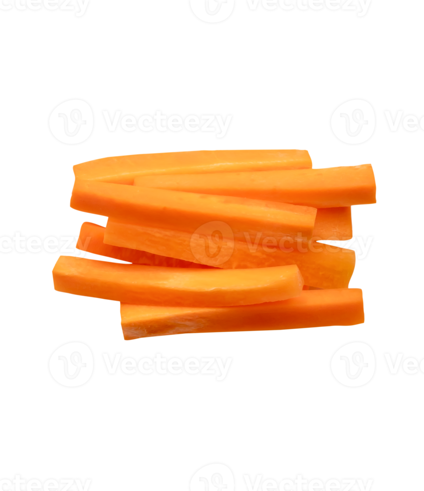 A small stack of orange carrot slice or piece in stick shape isolated with clipping path in file format png
