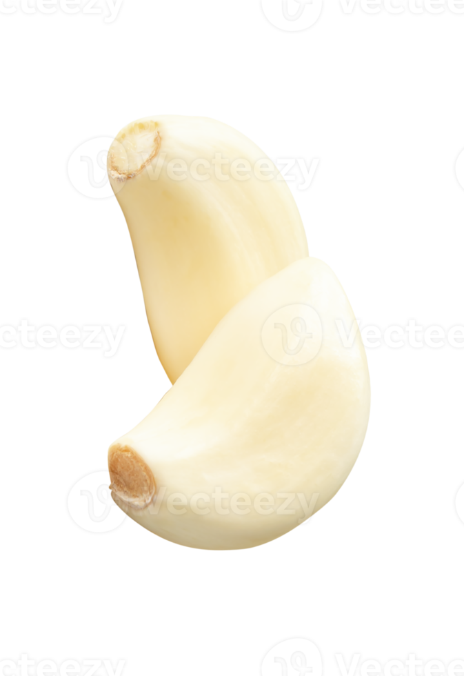 A vertical stack of two peeled garlic cloves isolated with clipping path in file format png