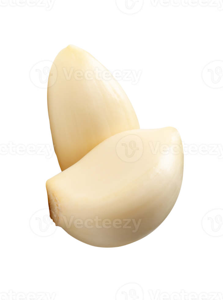 Two white peeled garlic cloves in stack isolated with clipping path in file format png