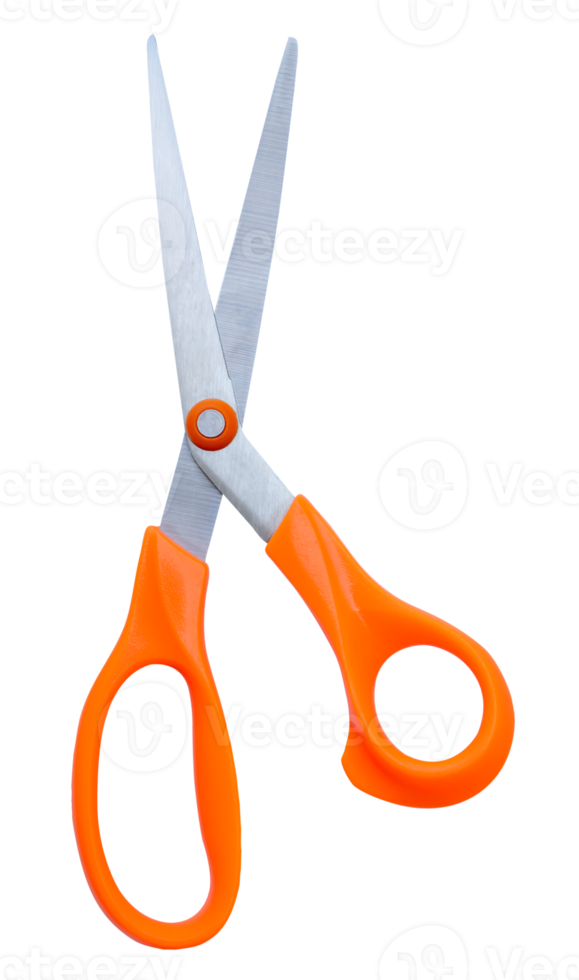 Medium open multipurpose scissors with orange handle in vertical isolated with clipping path in file format png
