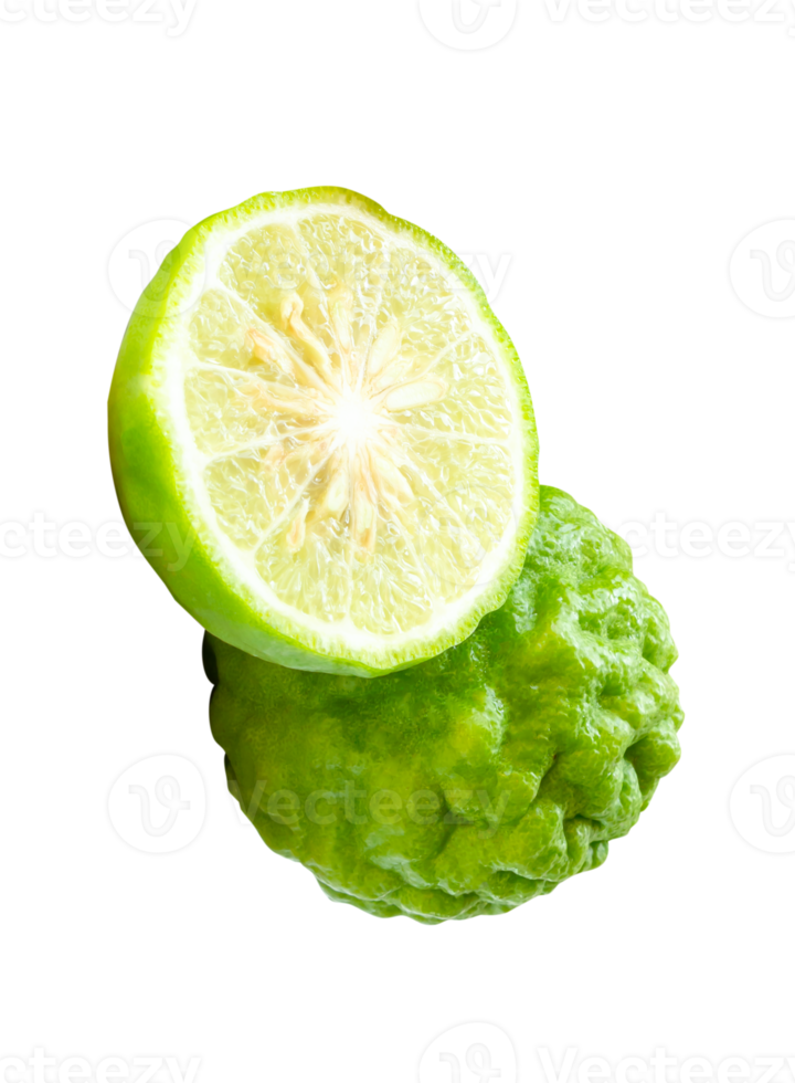 Green bergamot fruit or kaffir lime with half in strange stack isolated with clipping path in file format png