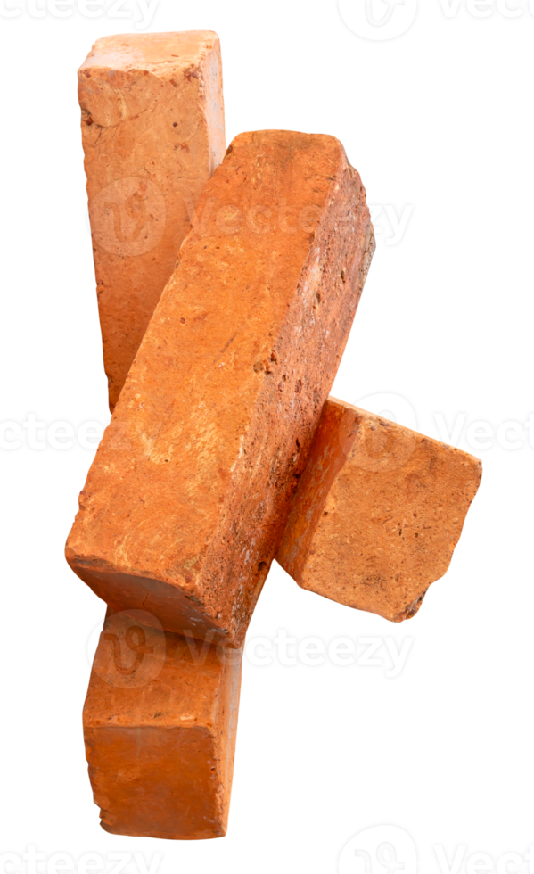 Four old red or orange bricks in vertical stack isolated with clipping path in file format png