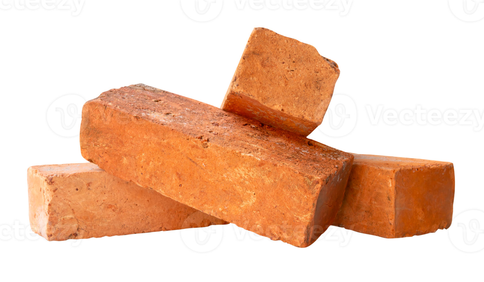 Four old red or orange bricks in strange stack isolated with clipping path in file format png