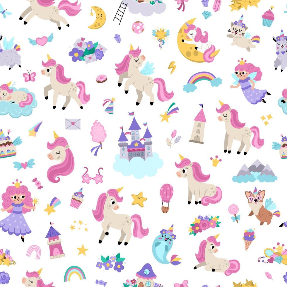 unicorns seamless pattern. Repeat background with fairytale characters, fairy, animals with horns, castle on cloud, rainbow, falling stars, crystals, sweets. Fantasy world digital paper vector