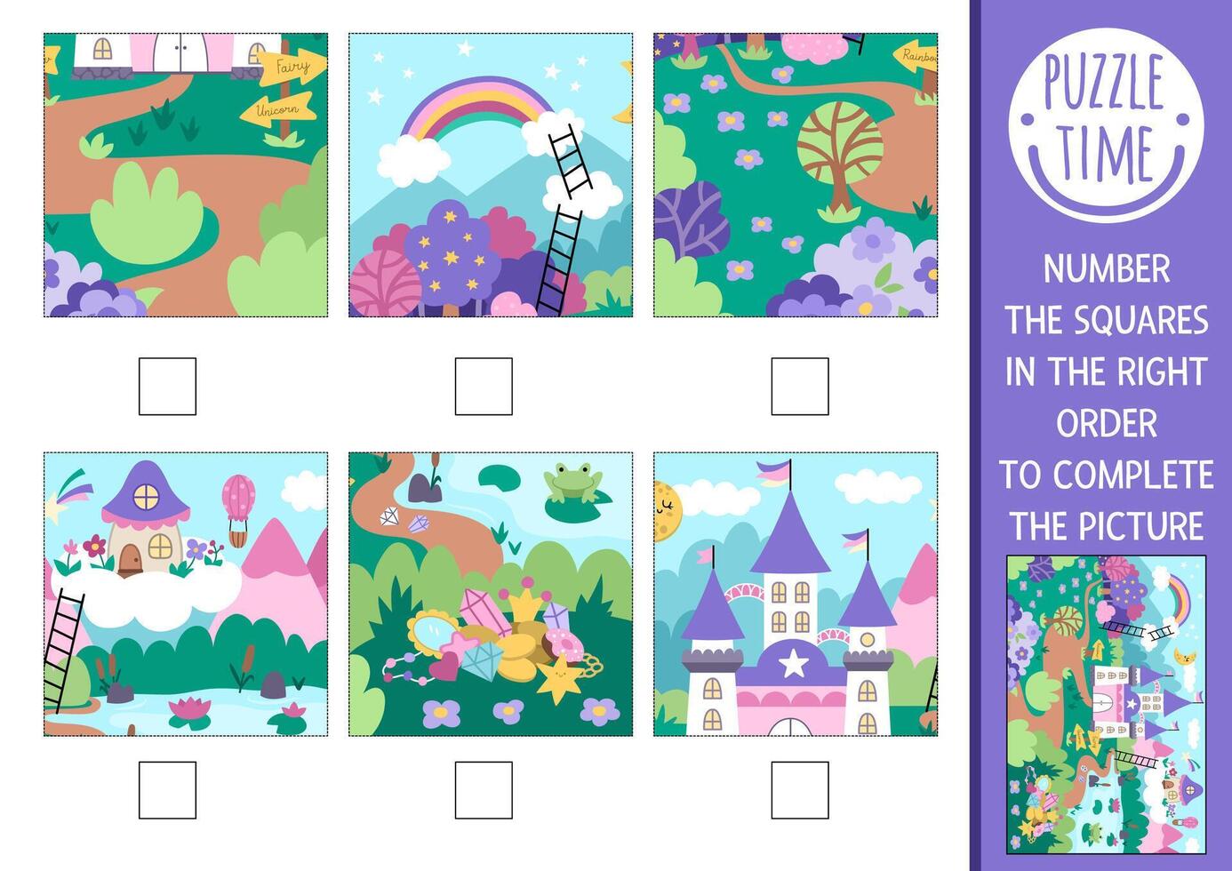 unicorn activity. Fairytale complete the picture logic game with fantasy country landscape. Fun printable worksheet for kids. Find right piece of the puzzle. Number squares in the right order vector