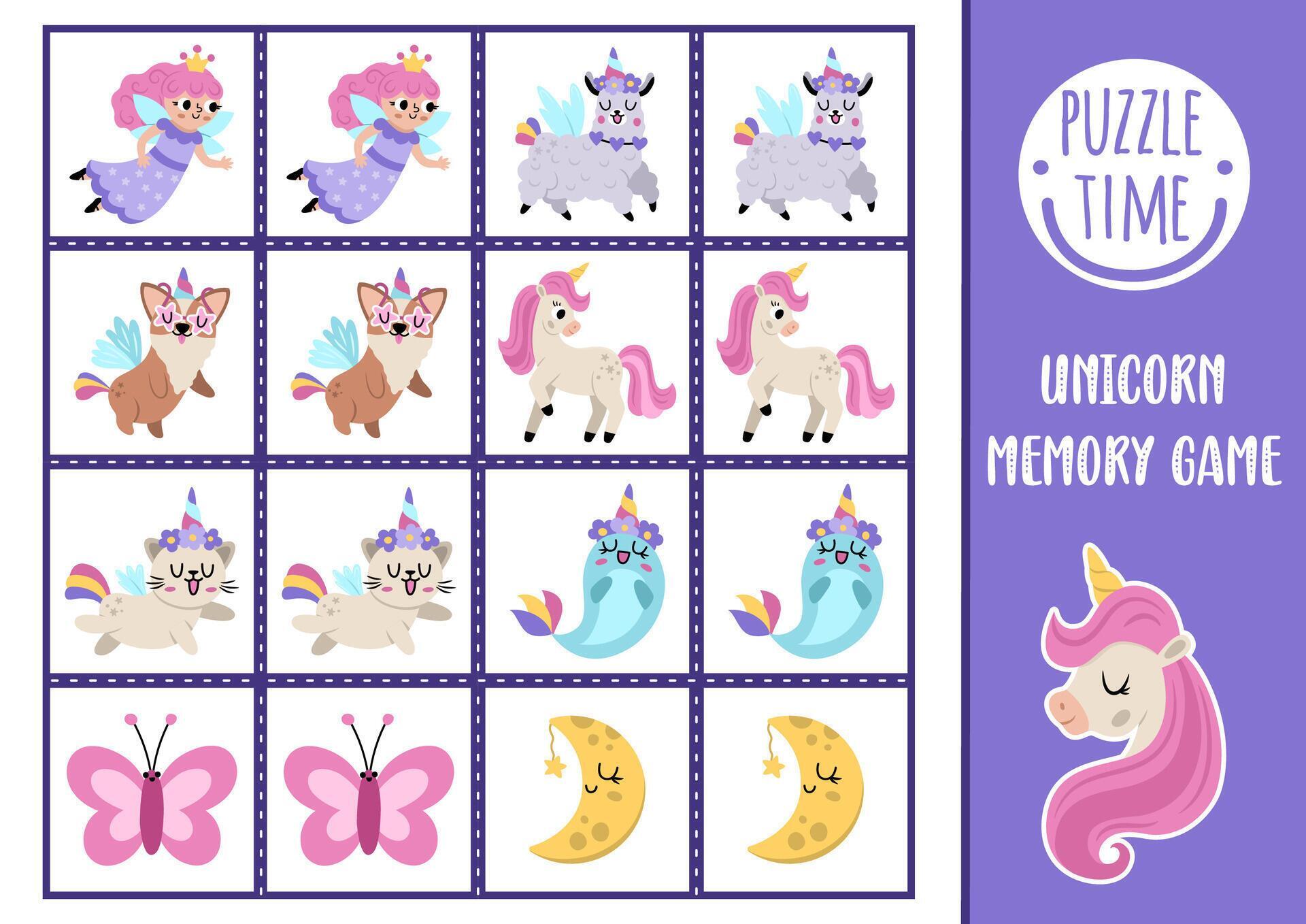 unicorn memory game cards with cute animals with horns and fairy Magic
