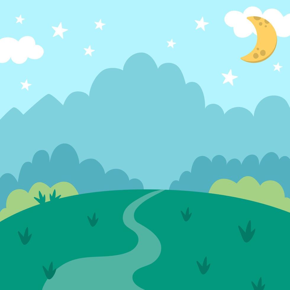 blue abstract background with stars, moon, green field, forest, road stretching into the distance. Magic or fantasy world scene. Cute fairytale square nature landscape. Night sky illustration vector