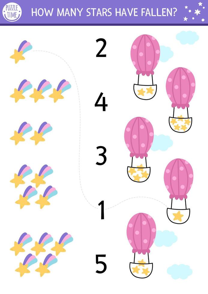 Match the numbers unicorn game with fallen stars and hot air balloon. Magic, fairytale or space math activity for preschool kids. Fantasy world educational counting worksheet vector
