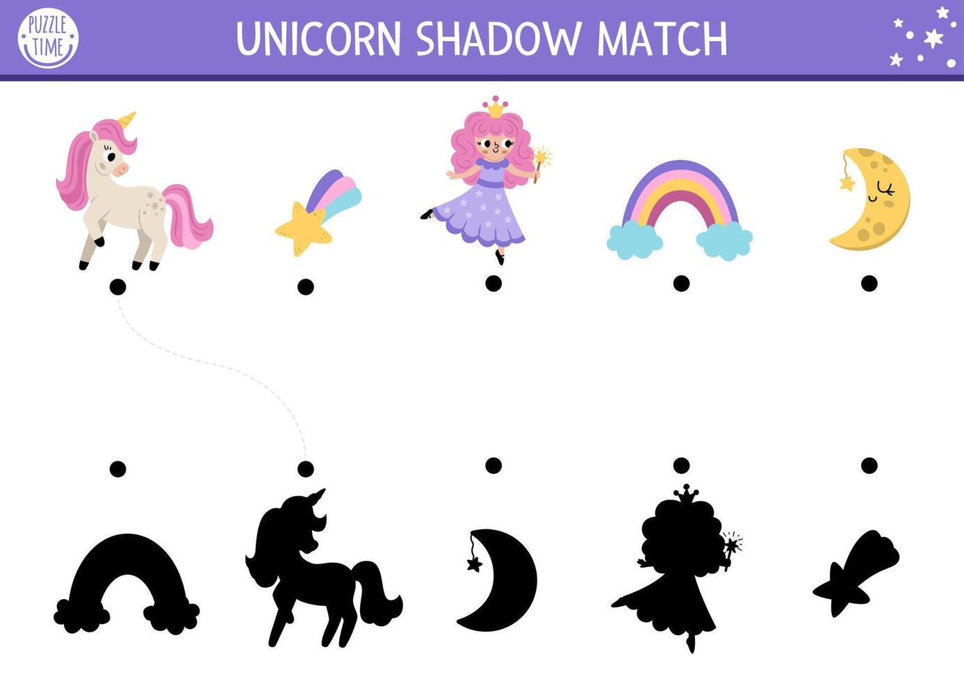 Unicorn shadow matching activity with rainbow, fairy, falling star, half-moon. Magic world puzzle with cute characters. Find correct silhouette printable worksheet, game. Fairytale page for kids vector