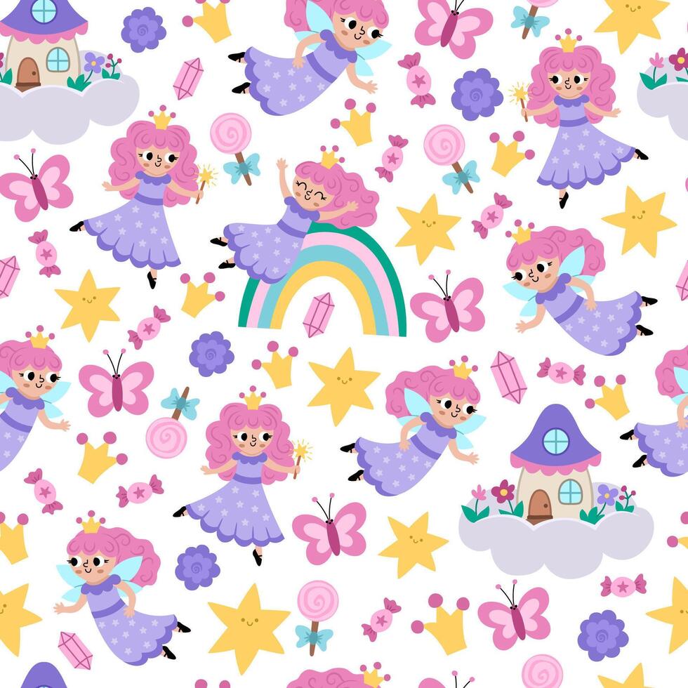 seamless pattern for unicorn or little princess birthday party. Repeat background with stars, rainbow, fairy in purple dress, flowers, butterflies. Fantasy world or fairytale digital paper vector