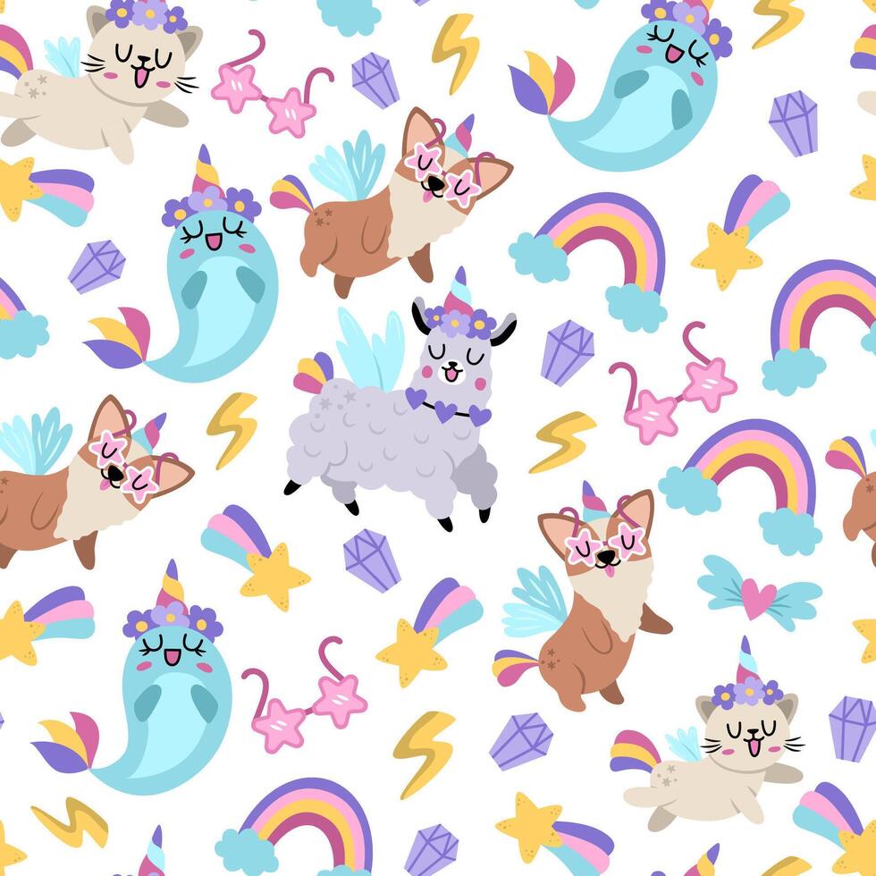 seamless pattern for unicorn birthday party. Repeat background with fantasy animals with horns, falling star, crystal, sunglasses, rainbow. Fairytale digital paper with narval, llama, cat, dog vector