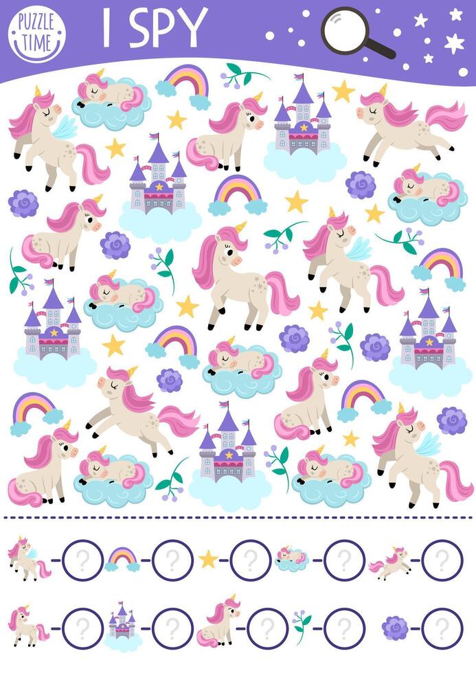 Unicorn I spy game for kids. Searching and counting activity with rainbow, castle, star, clouds. Magic, fantasy world printable worksheet for preschool children. Fairytale spotting puzzle vector