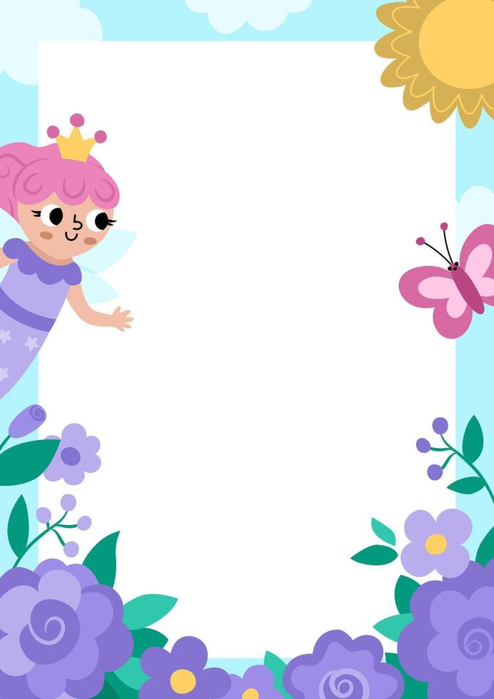 Unicorn party greeting card template with cute fairy princess, butterfly, purple flowers, sunny landscape. Fairytale poster or invitation for kids. Bright magic holiday vertical illustration vector