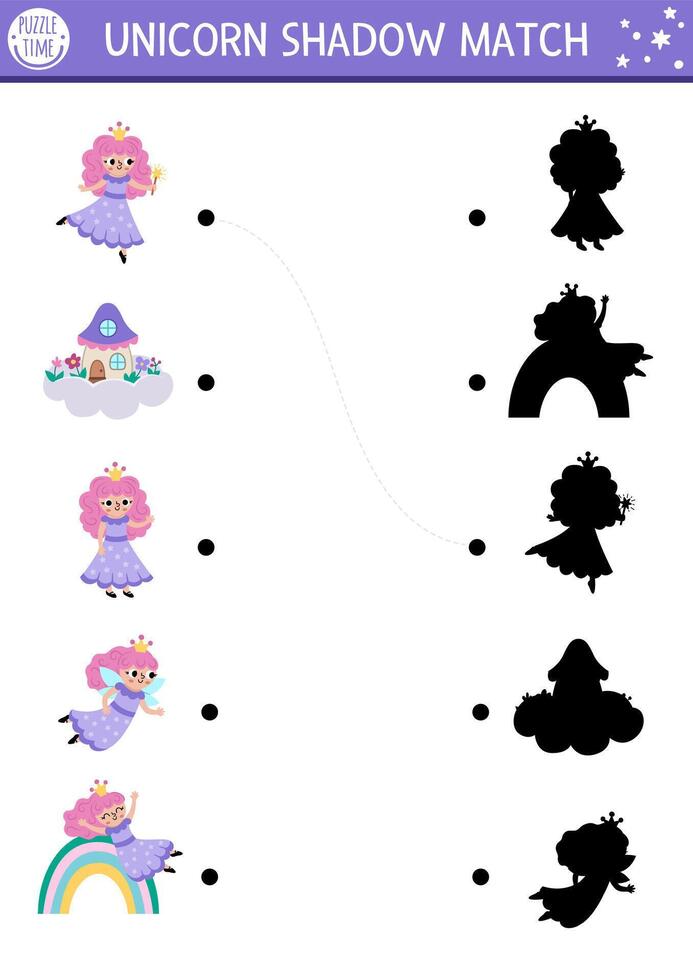 Shadow matching activity with little fairies in purple dress. Magic world puzzle with cute character. Find correct silhouette printable worksheet, game. Fairytale page for kids with unicorn princess vector