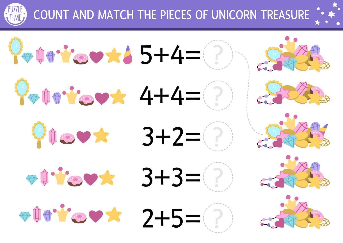 Mathematic game with cute unicorn treasures. Magic, fairytale math addition activity for preschool children. Simple fantasy world printable counting worksheet for kids. How many crystals vector