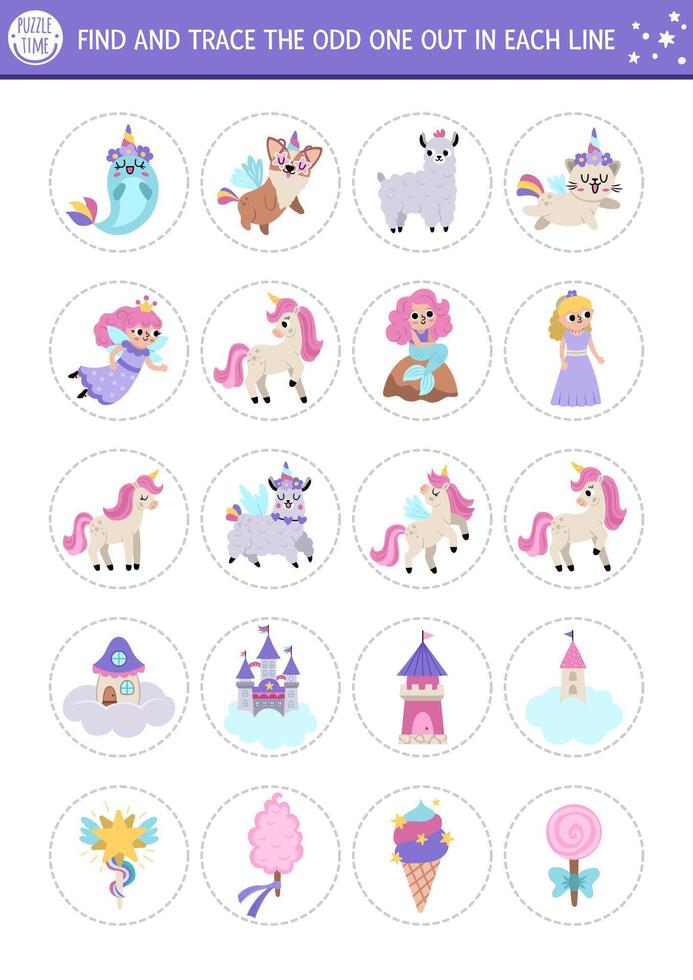 Find the odd one out. Unicorn logical activity for kids. Fantasy or magic world educational quiz worksheet for attention skills. Printable fairytale game with fairy, mermaid, narval, castle vector
