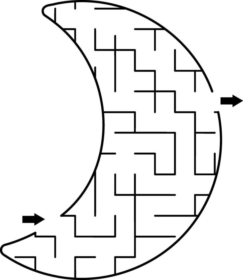 Geometrical maze for kids shaped as half moon Fairytale or unicorn themed preschool printable activity. Simple magic or fantasy labyrinth game puzzle vector