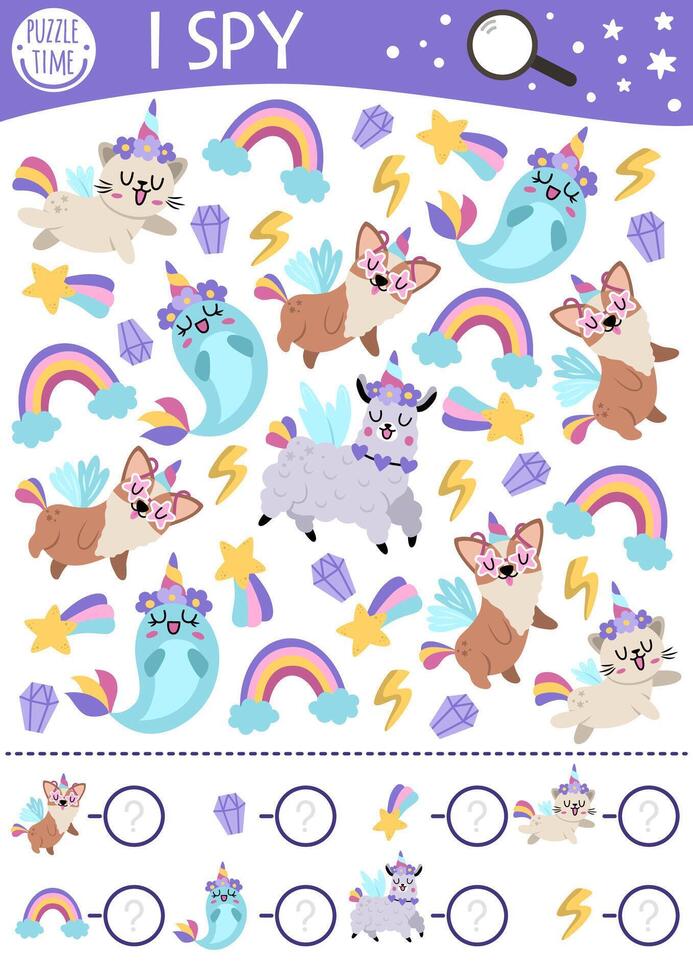 Unicorn I spy game for kids. Searching and counting activity with rainbow, animals, falling star. Magic, fantasy world printable worksheet for preschool children. Fairytale spotting puzzle vector