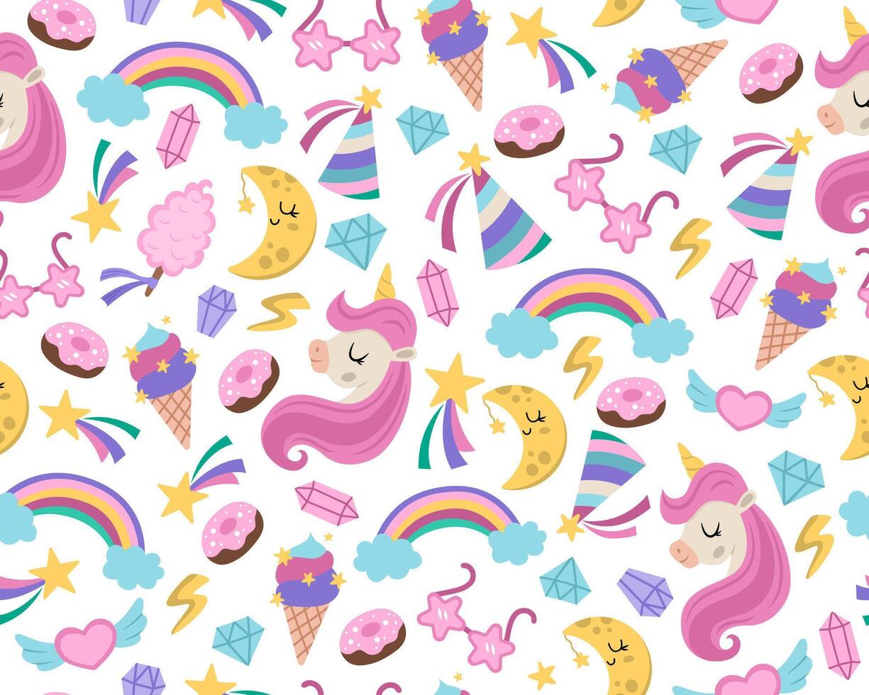 seamless pattern for unicorn birthday party. Repeat background with falling star, crystal, sunglasses, doughnut, rainbow, sweets. Fantasy world or fairytale digital paper vector