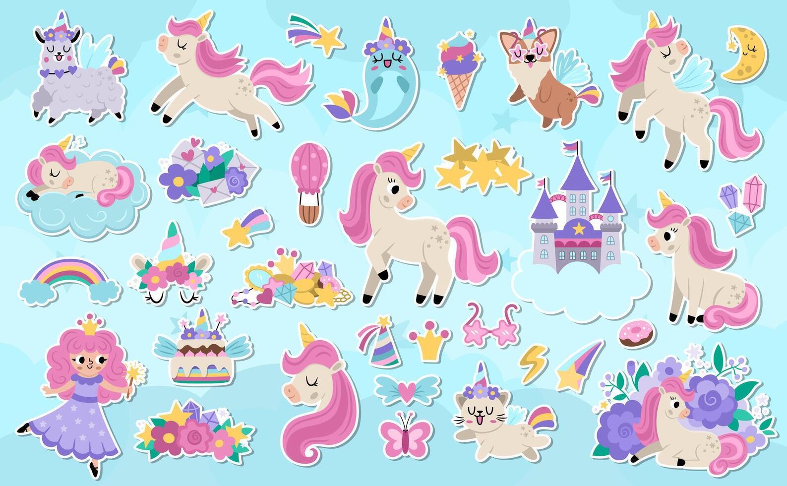 Big unicorn stickers set. Fairytale patch icon collection with funny fairy princess, rainbow, castle, falling star. Cute flat magic fantasy world offset illustrations on blue abstract background vector