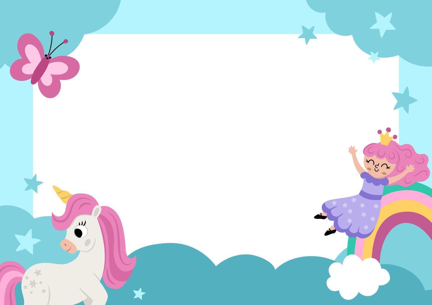 Unicorn party greeting card template with cute rainbow, falling star, fairy princess, night landscape. Fairytale poster or invitation for kids. Bright magic or fantasy holiday vertical illustration vector
