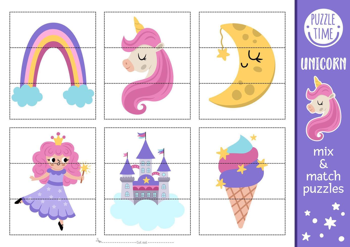 unicorn mix and match puzzle with cute fairy, half-moon, castle, ice-cream. Matching fairytale activity for preschool kids. Magic, fantasy world educational printable game vector