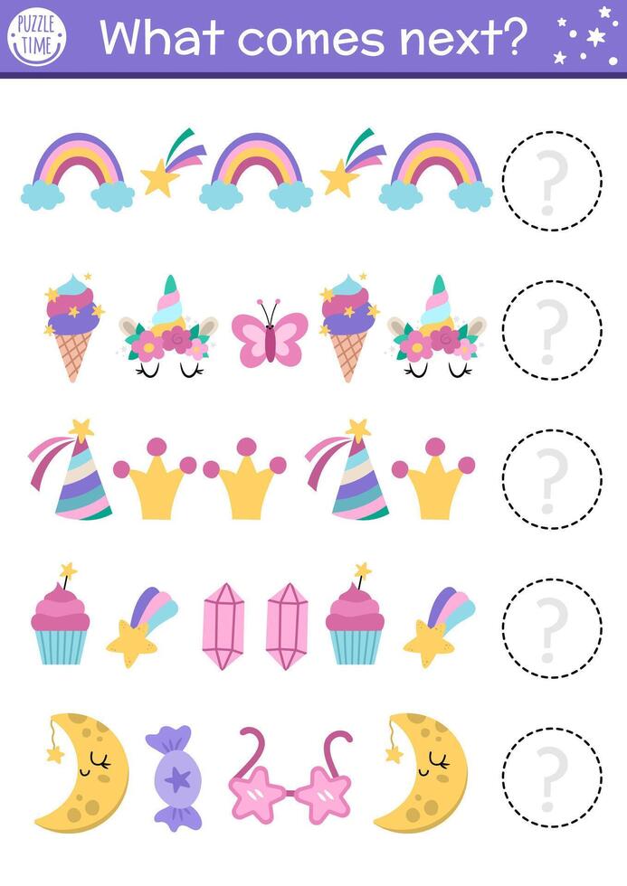 What comes next. Unicorn matching activity for preschool children with traditional symbols. Funny fantasy world puzzle. Magical logical worksheet. Continue the row game with rainbow, star vector