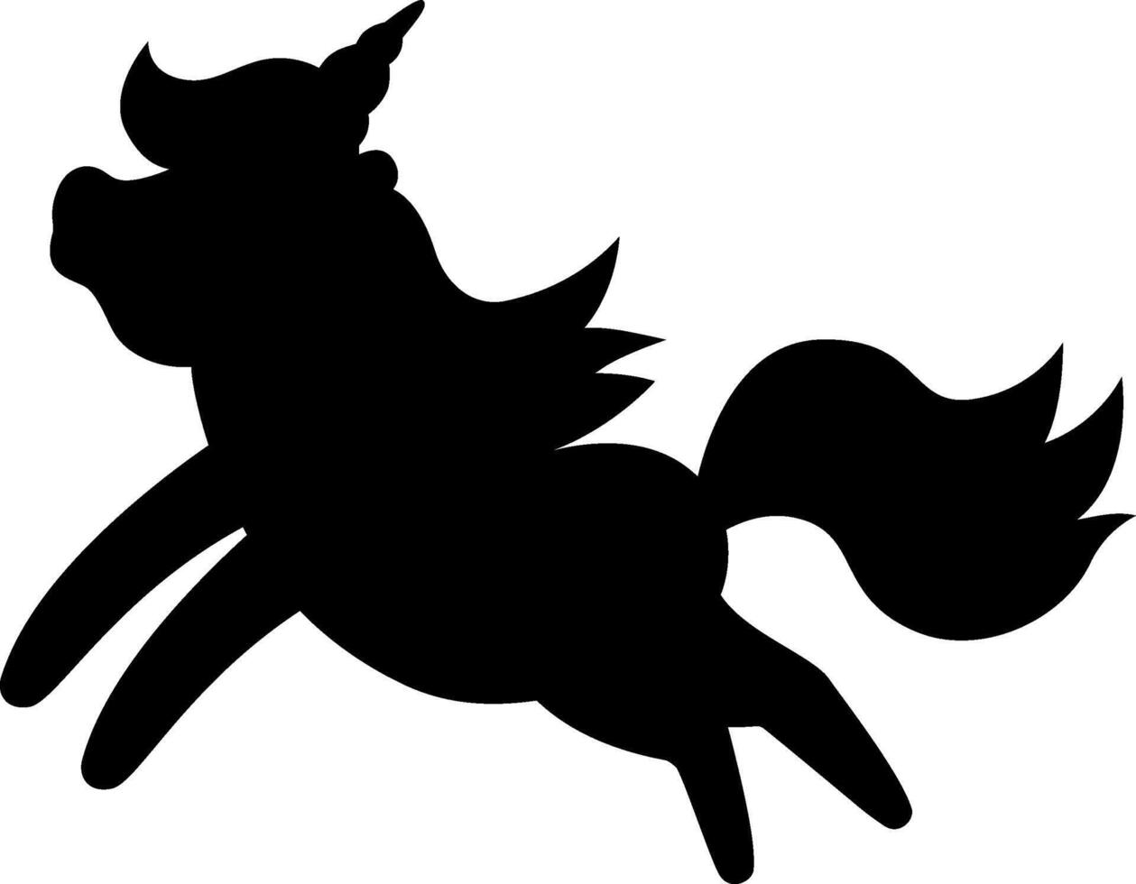 black unicorn silhouette. Fantasy running animal shadow. Fairytale horse character illustration for kids. Cartoon magic creature icon isolated on white background vector