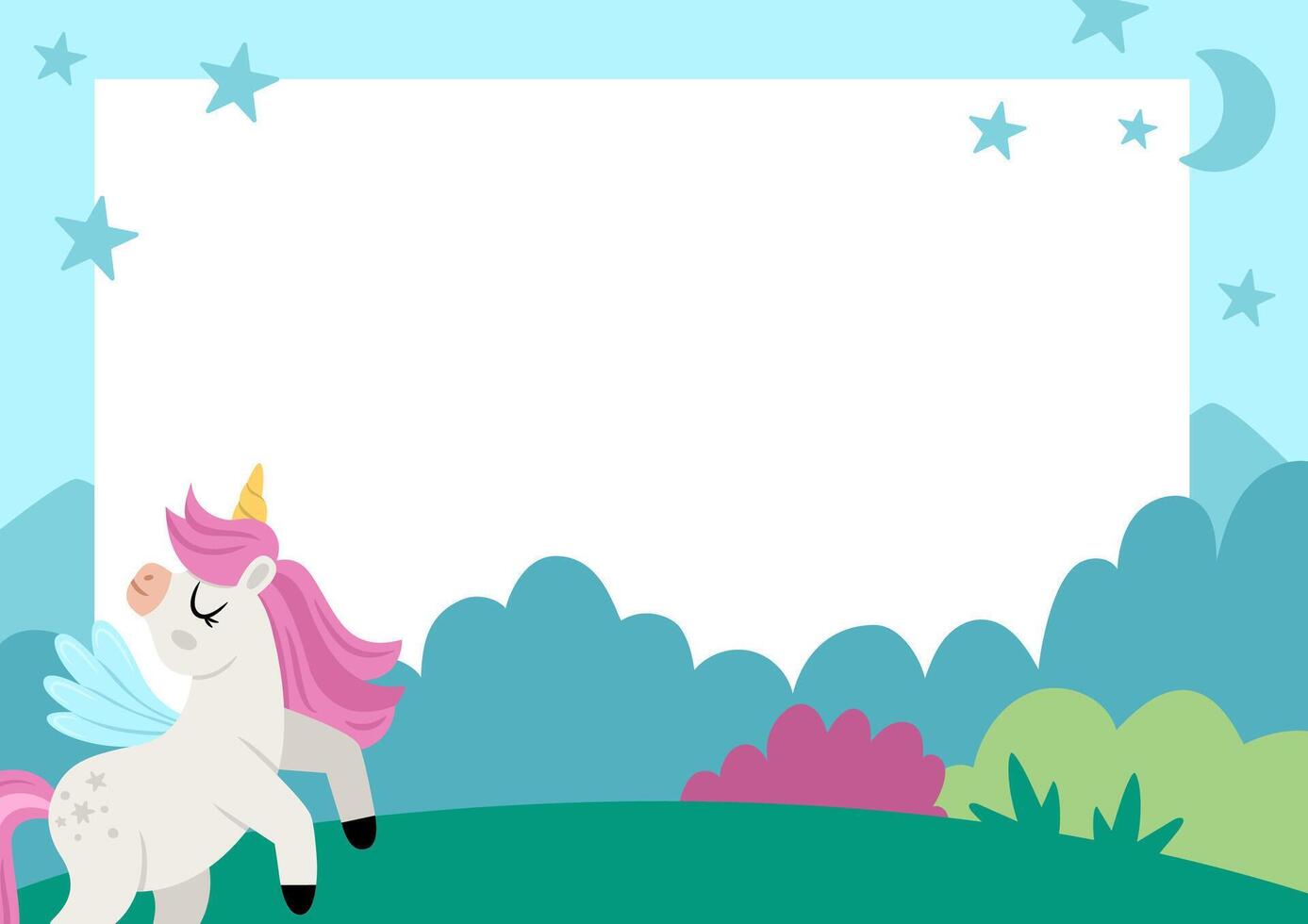 Unicorn party greeting card template with cute magic forest, moon, star, night landscape. Fairytale poster or invitation for kids. Bright fantasy holiday vertical illustration vector
