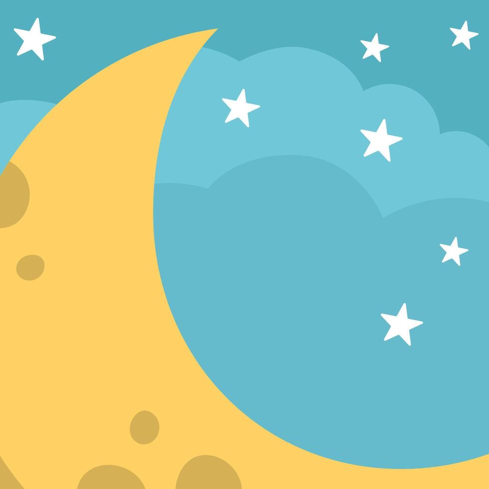 blue abstract background with clouds, stars, half moon. Magic or fantasy world scene with place for text. Cute fairytale square nature landscape for card. Night sky illustration for kids vector