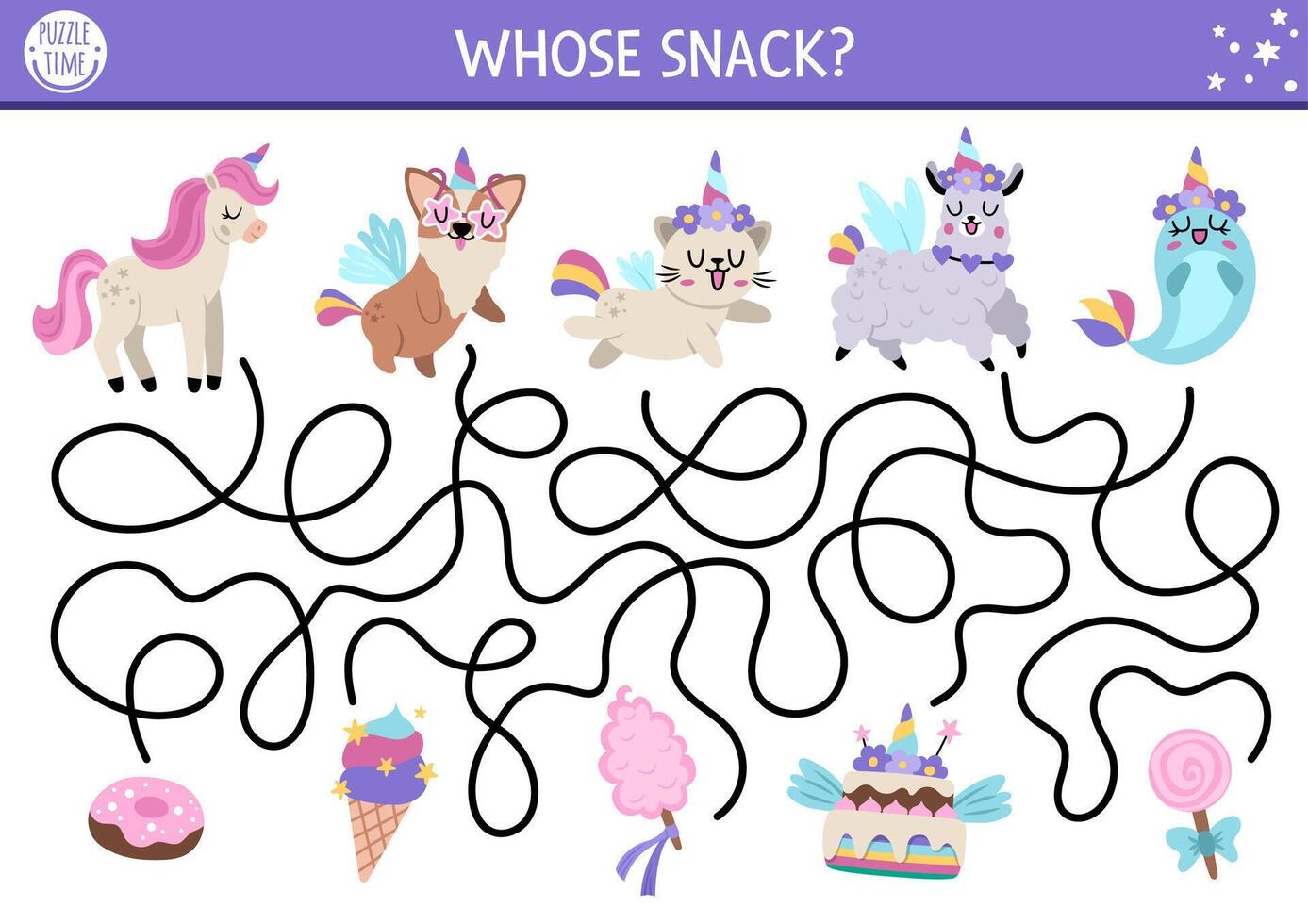 Unicorn maze for kids with fantasy horse with horn running to rainbow. Magic world preschool printable activity with stars. Simple fairytale labyrinth game vector