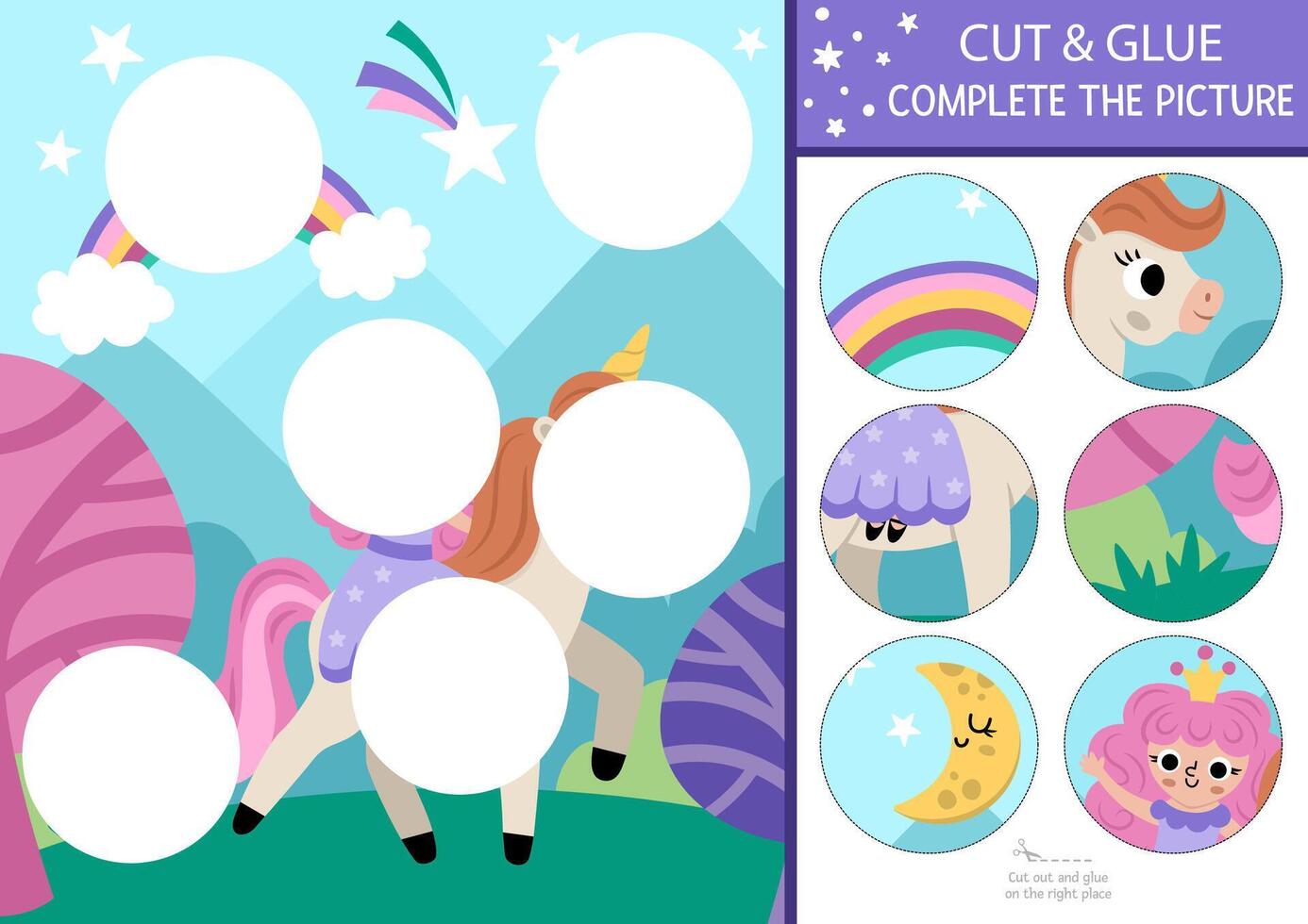 unicorn cut and glue activity. Fairytale crafting game with cute fairy, magic forest landscape. Fill up the scene with round sticker. Find the right piece of puzzle. Complete the picture vector