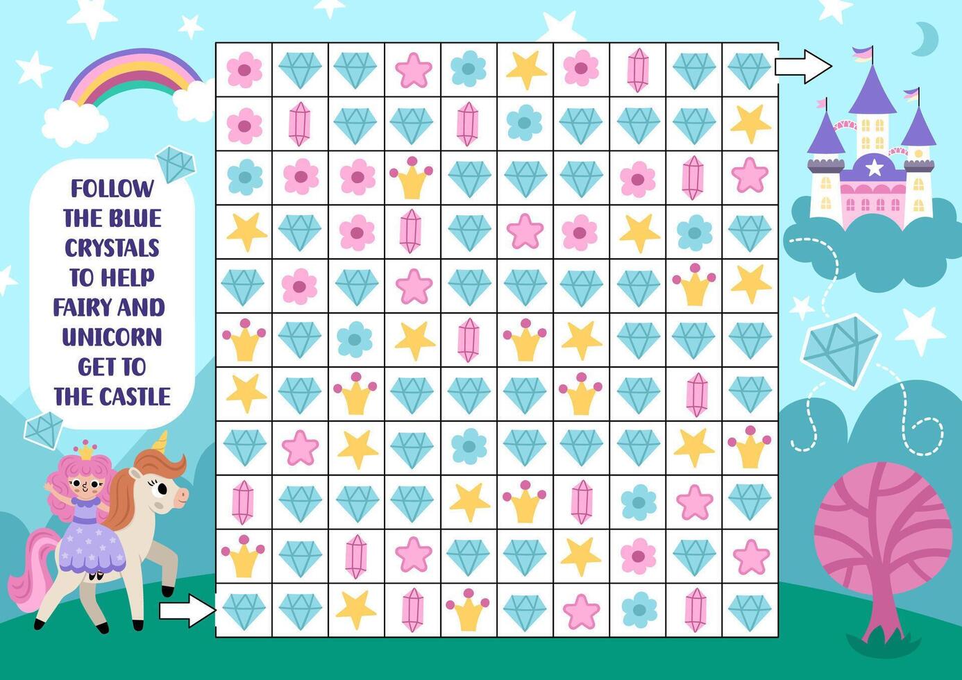 Unicorn maze, seek and find game with gems, stars, flowers. Attention skills puzzle. Fairytale printable activity for kids. Logical searching puzzle. Follow crystals to help the fairy get to castle vector
