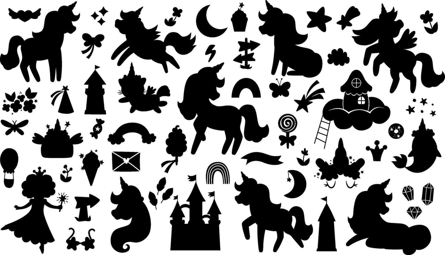 unicorn silhouettes set. Fairytale black icons collection with funny fairy, castle, rainbow, moon, falling star, flowers, sweets. Cute magic or fantasy world shadow illustrations for kids vector