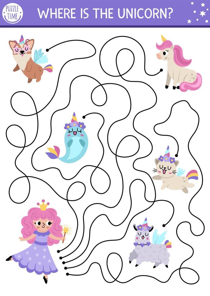 Maze for kids with fairy and fantasy animals with horns. Magic world preschool printable activity with cute characters. Simple fairytale labyrinth game. Where is the unicorn puzzle vector