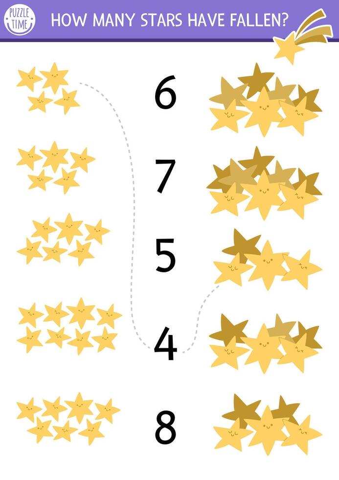 Match the numbers unicorn game with smiling fallen stars. Magic, fairytale or space math activity for preschool kids. Fantasy world educational counting worksheet vector